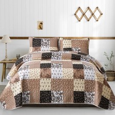 Khaki Quilt Set King Size Quilt Bedding Set Brown Plaid,3 Pieces Patchwork Flora