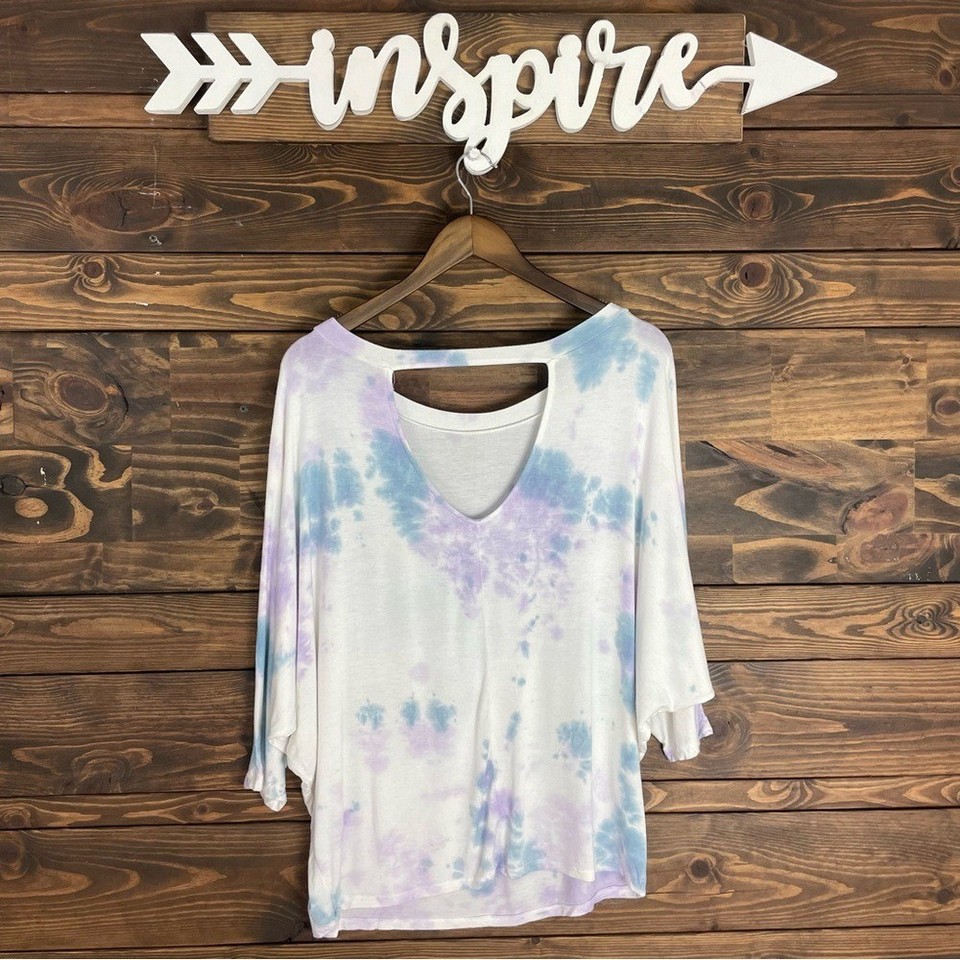 Wide Neck Oversized Dolman Quarter Sleeve Top Tie Dye Design Open Back ...
