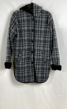 Ike Behar Women's Pea Coat Jacket Gray Black Plaid Faux Fur Trim Sz M
