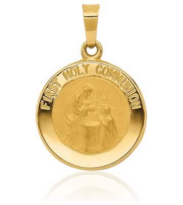 14K Gelbgold kleine Erstkommunion Medaille Anhänger Halskette 16mm 5/8 Zoll