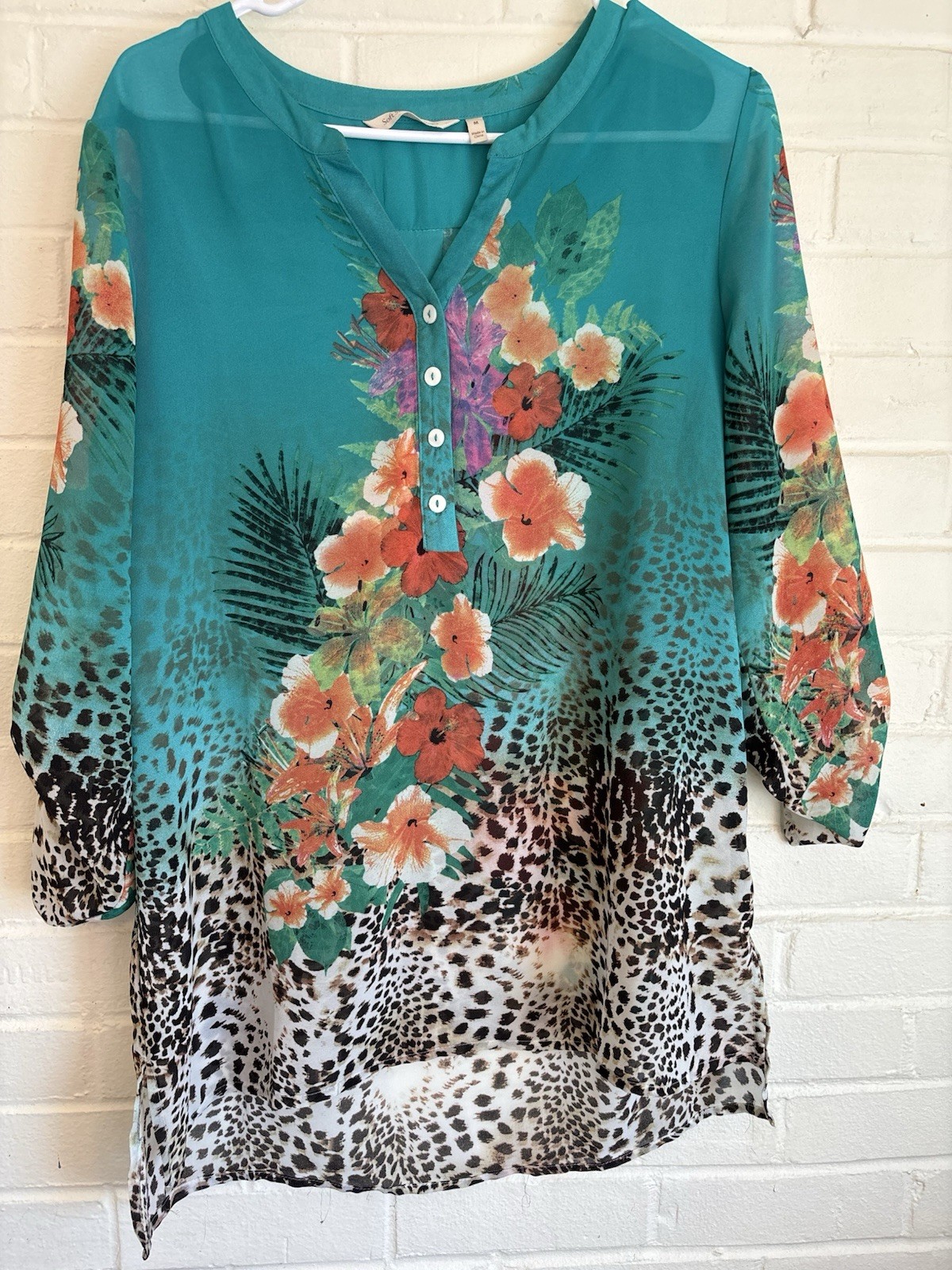 SOFT SURROUNDINGS Womens Medium Tropical Floral Leopard Print Sheer Tunic Top