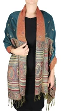 Teal Ethnic Design Tribal Border Reversible Bohemian Pashmina Shawl Scarf Stole