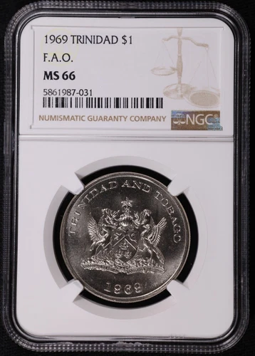 1969 Trinidad & Tobago $1 Dollar FAO Nickel Coin KM#6 NGC MS 66