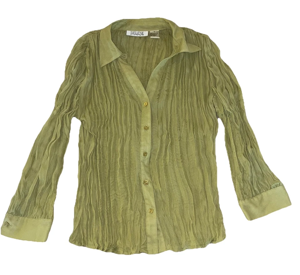 Selene 运动衬衫女式 S 鳄梨绿色皱方形纽扣透明复古 Y2K — 第 2/4 张图片