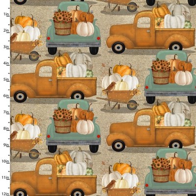 1/2 Yard - Pick of the Patch - Pumpkin Filled Trucks Tan by Beth Albert