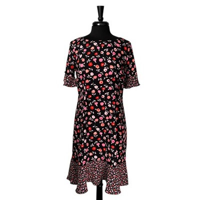 Talbots Petite Womens 8P Black Floral Shift Dress Bow Sleeve Ruffle Hem NWT $149