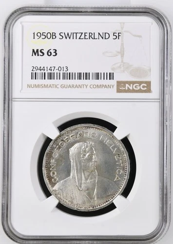 1950 B Switzerland Silver 5 Francs NGC MS63 Strong Lustre