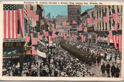 Atlanta Georgia - Peachtree Street, 5 points, Flag Raising Day Postcard