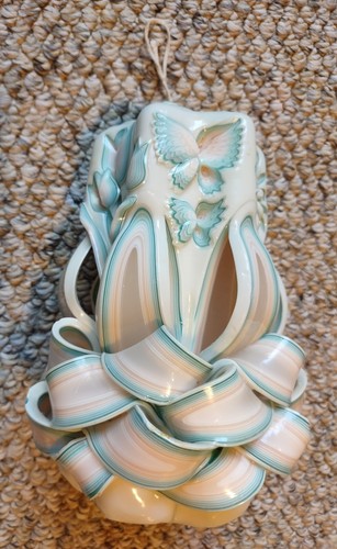 Large Holland House Blue White Pillar Candle Tulips Flower Butterfly