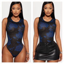 NWT Fashion Nova Not About You Bodysuit - Royal Blue Black Mesh Overlay Size XS
