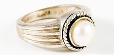 Vintage Sz 6.5 Sterling Silver 925 Faux Pearl Ring Modernist