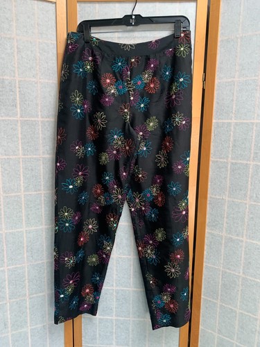 100% Silk Women's Silkland Pants Fully Lined-Size 10- Black W/Floral Embroidery