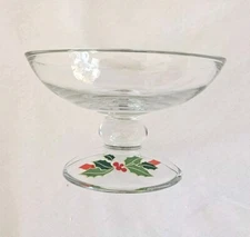 1981 Avon Holiday Pedestal Glass Bowl Dish Holly & Berries Candy, Compote, Nuts