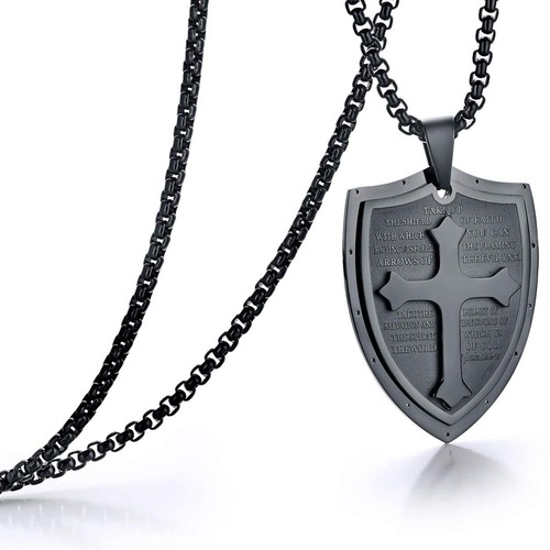 Men Cross Pendant Necklace Stainless Steel Shield Armor of God Ephesians Bible - Picture 14 of 18
