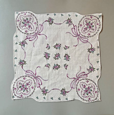 VTG Ladies Hanky Handkerchief Purple Posies Ribbons Wedding Cottage Granny Core