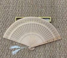 Vintage Pierced Sandalwood Fan With Light Mint Color Double Tassel. Original Box