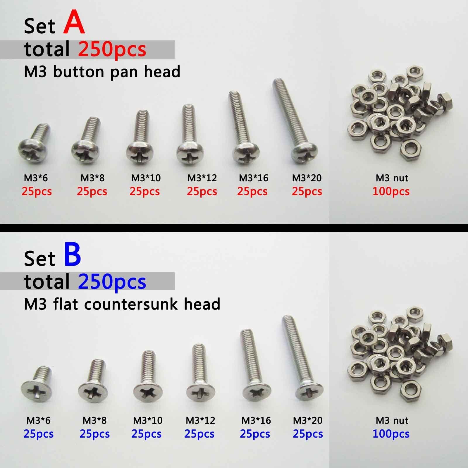 250pc Assortment Kit Set 304 Stainless Steel Phillips Cross Screw Bolt Nut M2 M3