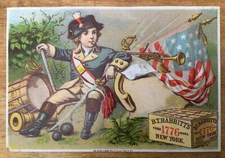 B.T. BABBITT’S Victorian Trade Card, Boy Soldier W/Swords, Cannon Balls, Flag