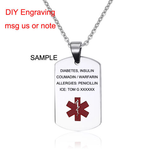 Silber Frauen Männer personalisierte medizinische Warnung Ausweis Anhänger Halskette Lasergravur - Bild 1 von 18