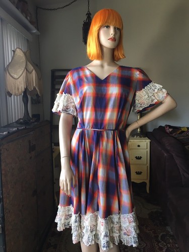 Super Fun Vintage Navy/Rainbow Plaid And Lace Prar