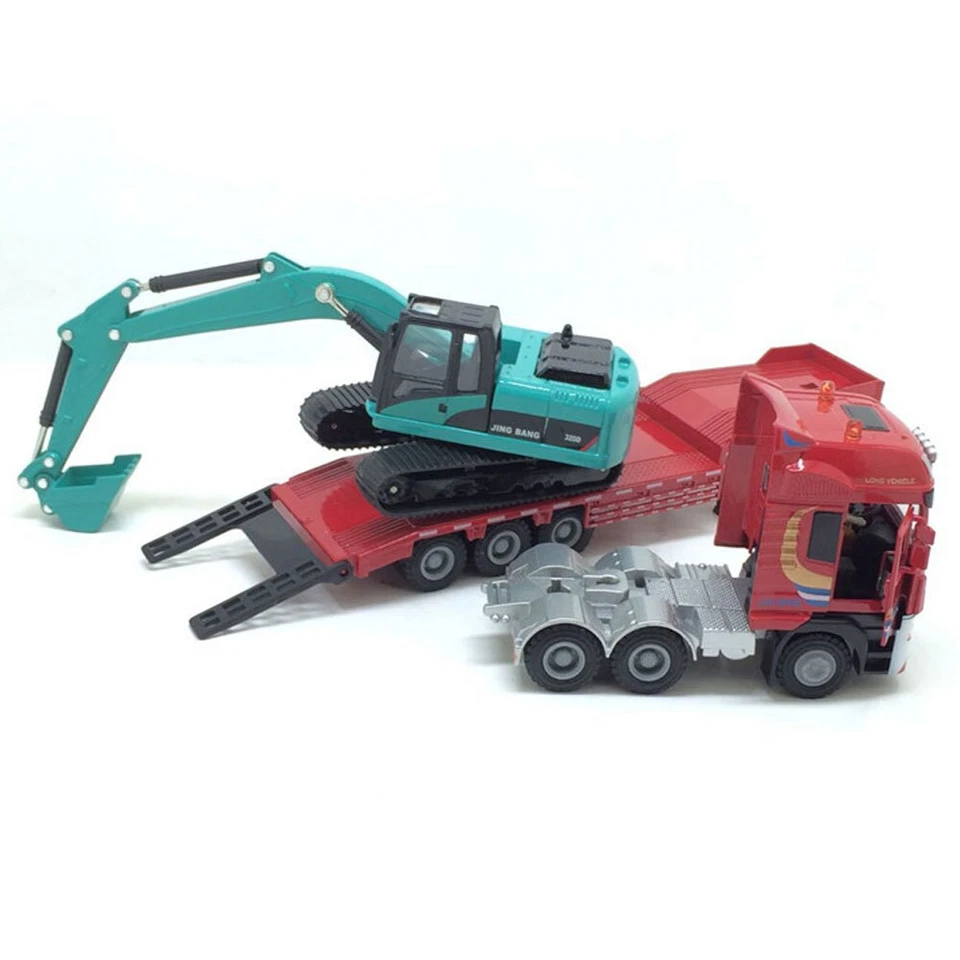1:50 Flatbed Truck Toy with Excavator Construction Equipment Diecast Model Set - Image 3 of 4