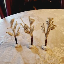 Vintage Heavy Snow Flocked Bare Branch Trees Wood Base Village Christmas Decor