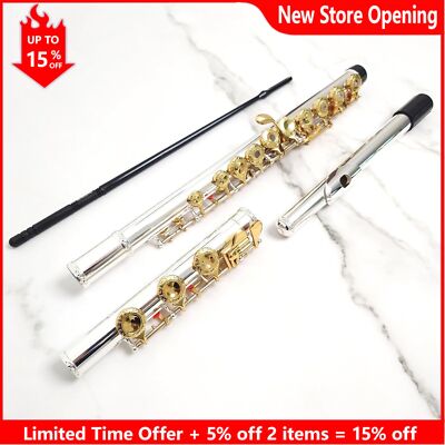 Hand-Carved Flute with Gold Plating, B Foot, 17 Open Holes, Gold Keys C Tone
