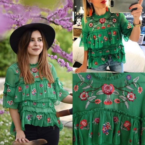 ZARA SS17 BLUSA BORDADA VERDE CON VOLANTES PARTE SUPERIOR FLUIDA REF.6895/063 | eBay