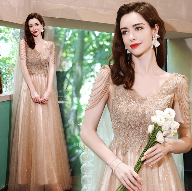 Luxurious V Neck Floral Sequins Fringe Gold Evening Dresses Homecoming Prom  Gown | eBay
