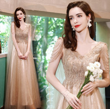 Luxurious V Neck Floral Sequins Fringe Gold Evening Dresses Homecoming Prom Gown