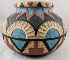 New Debco Intl Clay Southwest Style Pot Blue Red Clay Abstract Art Deco 8"