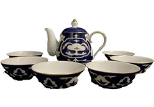 7-pc Mini Tea Cup Set, "Kosa" Pakhta , Vintage Cobalt Blue Russian Pattern