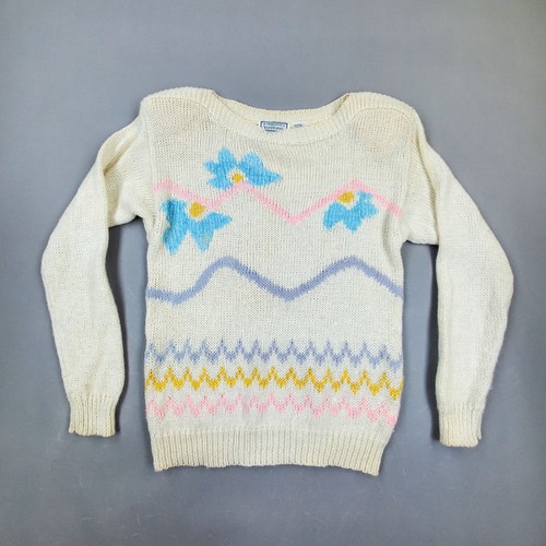 Vintage 80s Charlotte Van Horne Pastel Floral Funky Metallic Knit Sweater Sz M