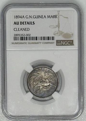 1894-A NGC AU German New Guinea 1 Mark Paradise Bird Colonial Coin