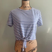 Womens Casual Preppy Nautical Coastal Summer Striped Tie Hem Crop Top Blue Small