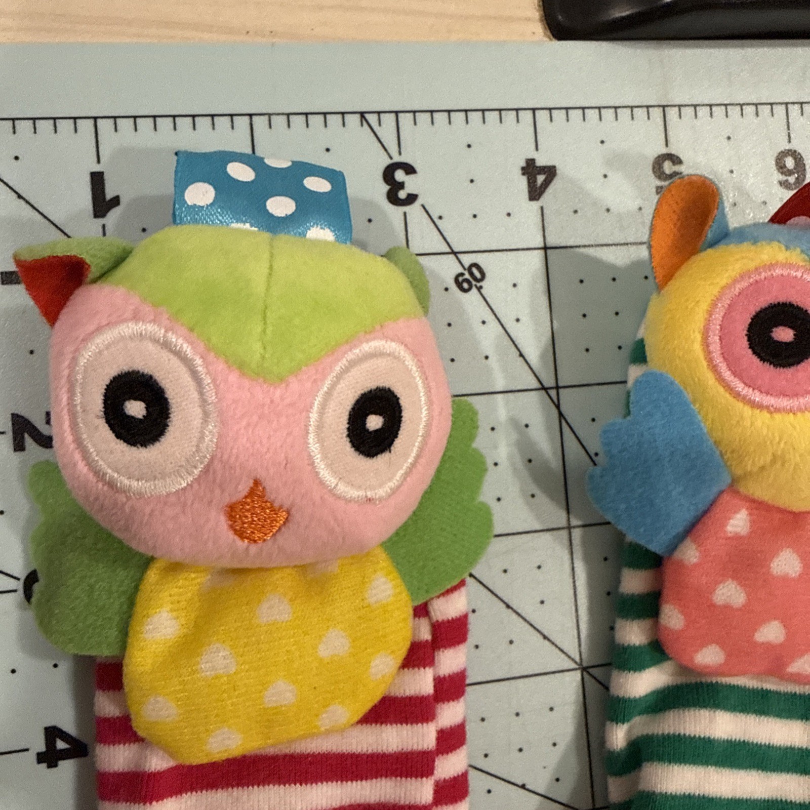 Newborn Infant Items Wrist Rattles Owls With Tags On Top Socks