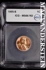 1955-S Lincoln Wheat Cent-ICG MS 66 RD Choice Gem BU No Reserve #SLM3