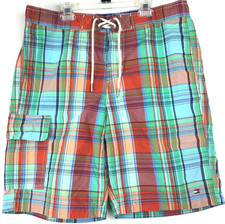 Tommy Hilfiger Mens Large 35 in Waist Red Green Plaid Nylon Swim Trunks