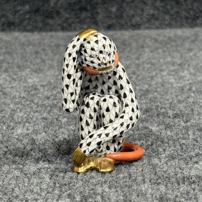 Herend Hungary Black Fishnet Seated Monkey Figurine Gold 15385 Handpainted