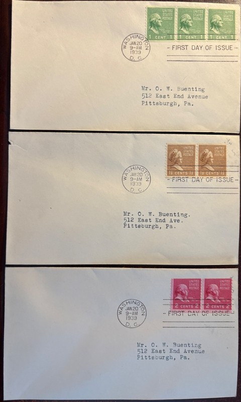 1938 Presidential Coils FDC, #839-851, without cachet, mostly pairs.