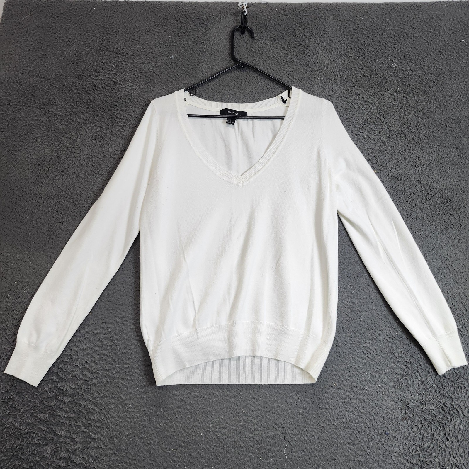 Forever 21 Sweater Womens Large White V Neck Knit Pullover Top Basic Casual