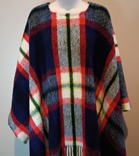 Vintage 1970s Collect-ables Acrylic/Wool Italy Red Wht Blue Plaid Blanket Poncho