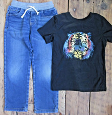 Cat  Jack 5T Set Boys 2 Piece Blue Straight Jeans Back Tiger Shirt Black Outfit