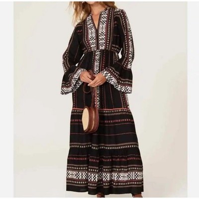 Area Stars Hudson Geo Print Maxi Dress Small Black Bohemian Bell Sleeve V-Neck