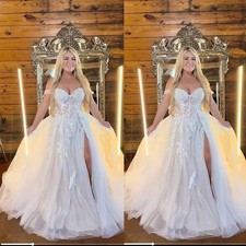 Off the Shoulder Wedding Dresses with Side Slit Lace Applique A Line Bridal Gown