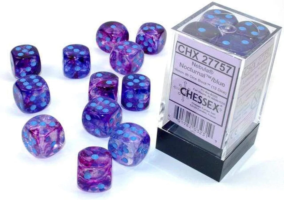 Nebulosa Chessex 12 mm d6 glicinia/blanco con bloque de dados luminaria (36 dados) azul Foto 2 de 2