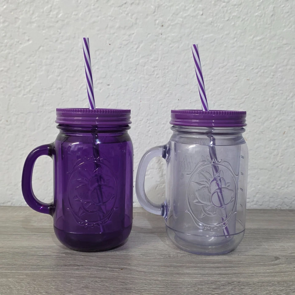 Conjunto de 2 canecas de viagem Aladdin isoladas 20 oz roxo plástico transparente frasco de pedreiro copo - Imagem 2 de 4