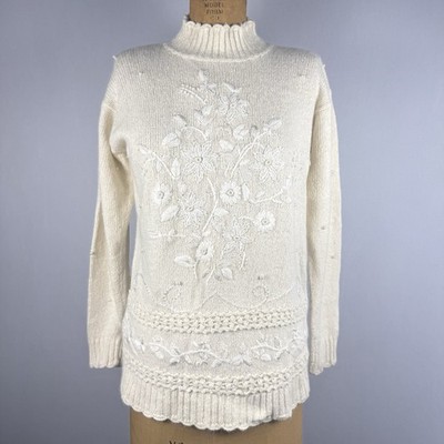 Vintage Gina Peters Silk Angora Blend Embroidered Sweater Petite PM Grandmacore