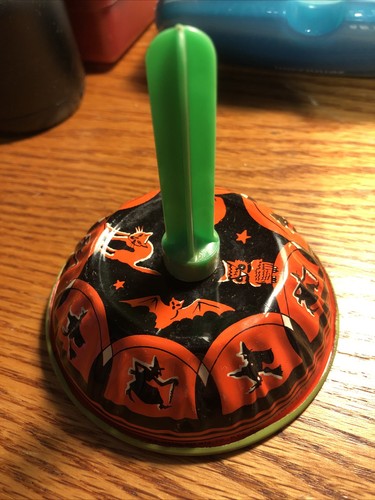 Vintage Halloween US Metal Toy Tin Lithograph Noise Maker Witch Cat Jol Bat Owl