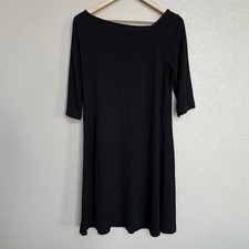Women S Eileen Fisher Black Shift Dress V-Neck Jersey Knit Stretch 3/4 Slv Midi